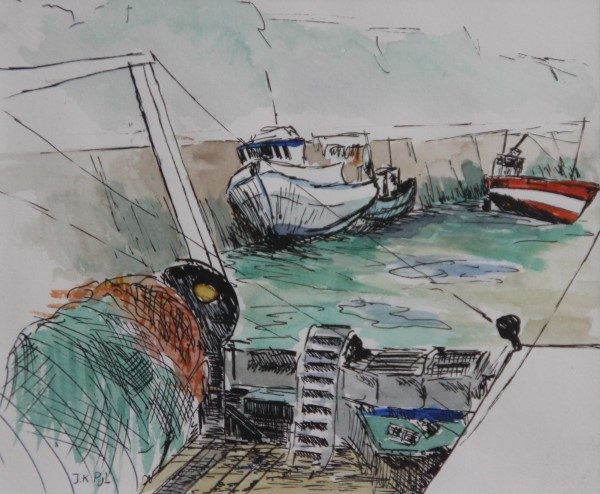 Tekeningen en grafiek | pen en inkt en aquarel | port Erquy | Bretagne | haven | vissersschepen | France |Frankrijk | low tide | bateaux de peche | watercolour | drawing | pen and ink | 