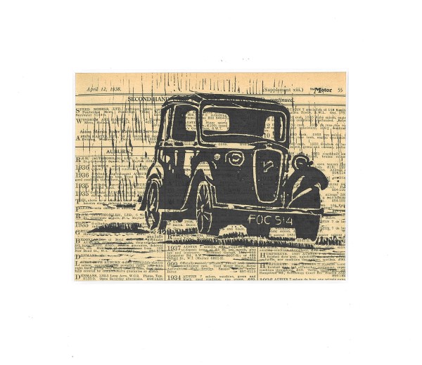 Linosnede | linocut | Austin Seven | Austin 7 | 1938 | The Motor | England | 1935 | classic car | klassieker | oldtimer | atelier Le Garage | 