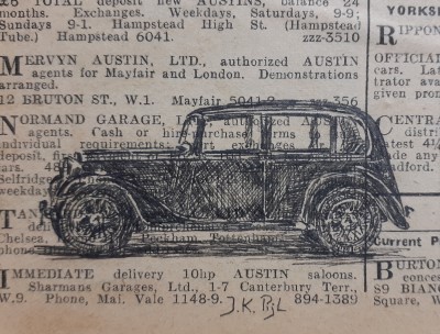 Atelier le garage | Austin 10 | Austin ten | prewar Austin | pre-war Austin | Engelse klassieker | vooroorlogse Austin | oude Austin | oldtimer | tekening | The Motor | automagazine | prewarcar | automotive art | automobilia | Oscar Pijl | pen en inkt | 1938 | 