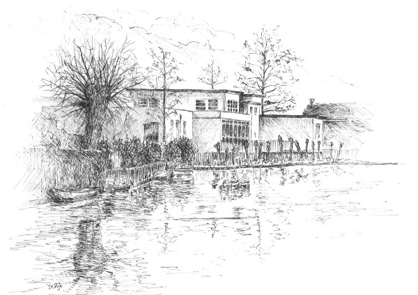Drawings | ink drawing | urban sketching | primary school | old school Holland | old school building | village view Benthuizen | village view with school | white school building | old hall school | polder in Holland | ring canal | Dutch canal | pollard willow | pollard willows in Holland | Oscar Pijl | 